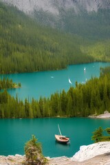 Obraz premium Beautiful lake in the mountains and wooden boats. Green pine forest and white cliffs - generative ai