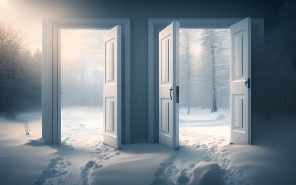 View through the open door onto winter landscape and sunrise. Generative Al Illustration.