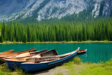 Obraz premium Beautiful lake in the mountains and wooden boats. Green pine forest and white cliffs - generative ai