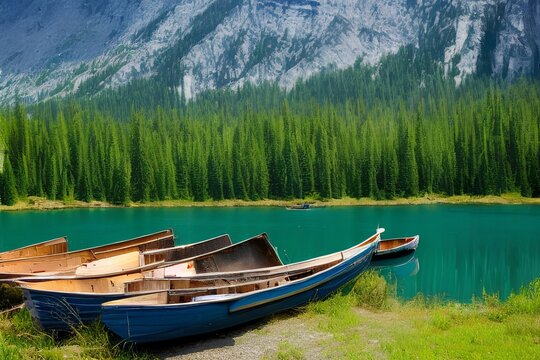 Beautiful lake in the mountains and wooden boats. Green pine forest and white cliffs - generative ai