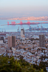 Beautiful view of Haifa, the Mediterranean Sea, the port and the Sail Tower from Mount Carmel