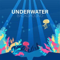 Naklejka na ściany i meble Underwater Background Design Coral and Jellyfish