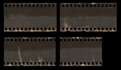 pieces of long 35mm negative film strip isolated, real scan of empty film material with scanning...