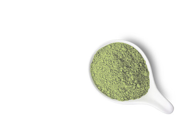 Green matcha tea powder in wooden spoon isolated on white background. Top view. Flat lay.