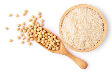 Soy protein powder or soya flour in wooden bowl and soybeans isolated on white background. Top...