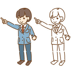 パンツスタイル制服を着た中性的な学生が指さしているベクターイラスト 線画と色付き ブレザーとズボンの生徒