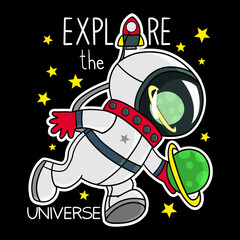 Illustration of an astronaut exploring the universe, with a planet Saturn in his hand