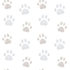 Seamless watercolor pattern with pastel paw prints on white background - obrazy, fototapety, plakaty