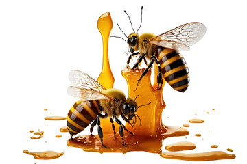 Bees with honey comb on transparent background. Honey droplet on the floor. Generative AI.