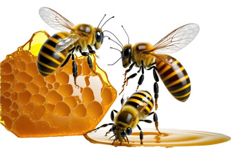 Bees with honey comb on transparent background. Honey droplet on the floor. Generative AI.