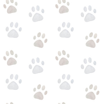 Seamless watercolor pattern with pastel paw prints on white background