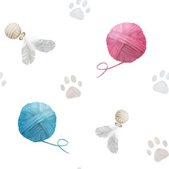 Seamless watercolor pattern with pastel paw prints, toys and clews on white background