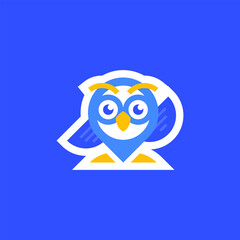 Blue Cute Owl Bird Waving Wing Mascot Design Vector