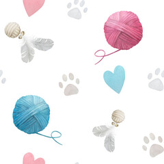 Seamless watercolor pattern with pastel paw prints, hearts, toys and clews on white background
