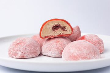 Delicious mochi on a white background, close-up. Traditional Japanese dessert
