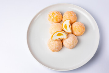 Delicious mochi on a white background, close-up. Traditional Japanese dessert

