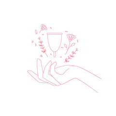 Woman's hand hold menstrual cup and flowers. Illustration on transparent background