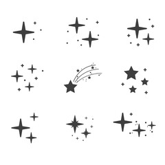 Collection of different stars and sparkles isolated on white background. Illustration on transparent background