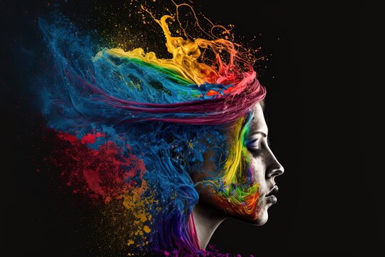 Colorful Composition: High Resolution Airbrush Painting of a Woman with Colored Hair on Black Background with Ink Under Paint - Bold Ideas