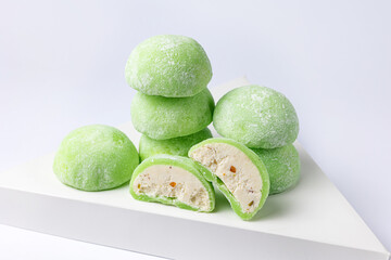 Delicious mochi on a white background, close-up. Traditional Japanese dessert
