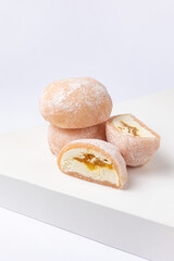 Delicious mochi on a white background, close-up. Traditional Japanese dessert
