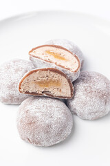 Delicious mochi on a white background, close-up. Traditional Japanese dessert
