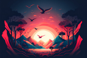 Abstract illustration background, colorful landscape, sunset and mountains. Generative AI