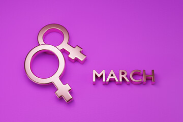 March 8th in three dimensions with female symbols on purple background. Women's day concept. 3d illustration.