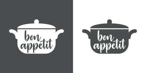 Logo restaurante. Letras de la palabra bon appetit con forma de silueta de olla con tapa. Texto manuscrito bon appetit