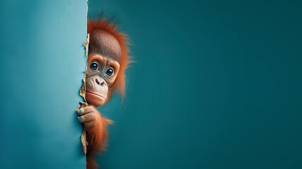 A Portrait of an orangutan monkey hiding behind blue wall. It looks frightened, generative ai - obrazy, fototapety, plakaty