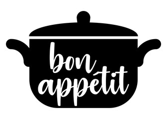 Logo restaurante. Letras de la palabra bon appetit con forma de silueta de olla con tapa. Texto manuscrito bon appetit - obrazy, fototapety, plakaty