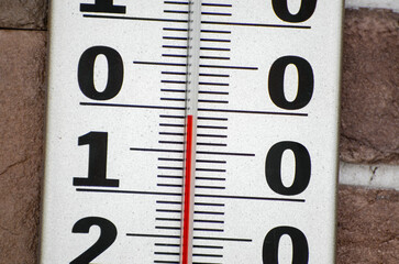 Close-up white plastic thermometer scale. Minus 1 degrees Celsius. Weather forecast.