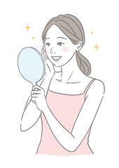 手鏡を見るキラキラした笑顔の女性 美容イメージイラスト