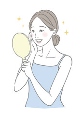 手鏡を見るキラキラした笑顔の女性 美容イメージイラスト 青