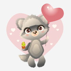 Raccoon with balloon drawn in cartoon style