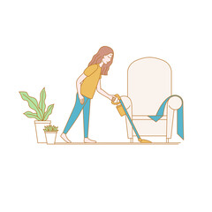 Woman with a vacuum cleaner. House cleaning. Illustration on transparent background