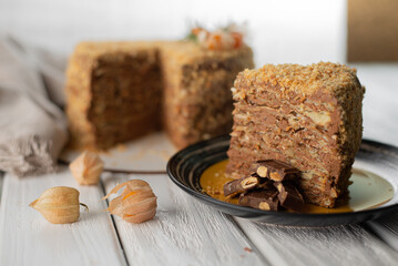 Biscuit cake home-made with nuts and custard