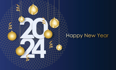 Happy New Year 2024 Elegant gold text with balloons and confetti. Realistic vector illustration