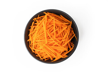 Korean carrot salad in black bowl isolated on white background - Powered by Adobe