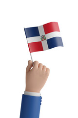 Cartoon hand with the flag of Dominican Republic isolated on white background. 3d illustration. - obrazy, fototapety, plakaty