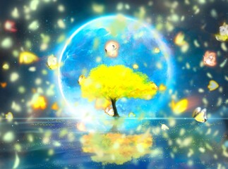 Obraz na płótnie Canvas Fantasy background illustration of yellow mimosa tree floating on sea surface with mimosa snowflakes and yellow butterflies dancing in the night sky