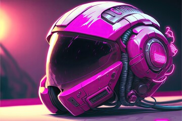 Fototapeta premium Futuristic VR helmet illuminated with bright pink light. Generative AI