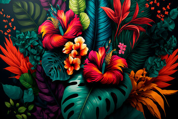 Tropical flowers background. AI	