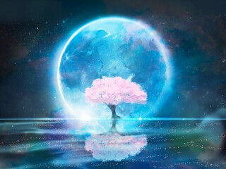 Obraz na płótnie Canvas 青い満月と満開の桜が水面に浮かぶファンタジー背景風景イラスト