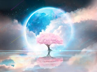 青い満月と満開の桜が水面に浮かぶファンタジー背景風景イラストと美しい雲海