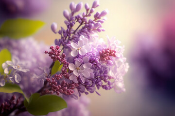 Naklejka premium Lilac closeup. Spring flowers wallpaper. AI 