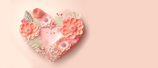Fototapeta na wymiar Pink floral heart, valentines or anniversary background with copy space. AI 