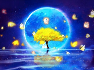 Illustration of yellow mimosa trees rising above the sea and yellow butterflies dancing in the night sky