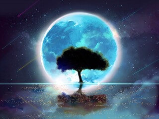 水面に浮かぶ大きな青い満月に照らされた大樹の影のシルエットのファンタジー風景背景イラスト