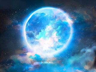 Fantasy background illustration of starry night sky and blue full moon